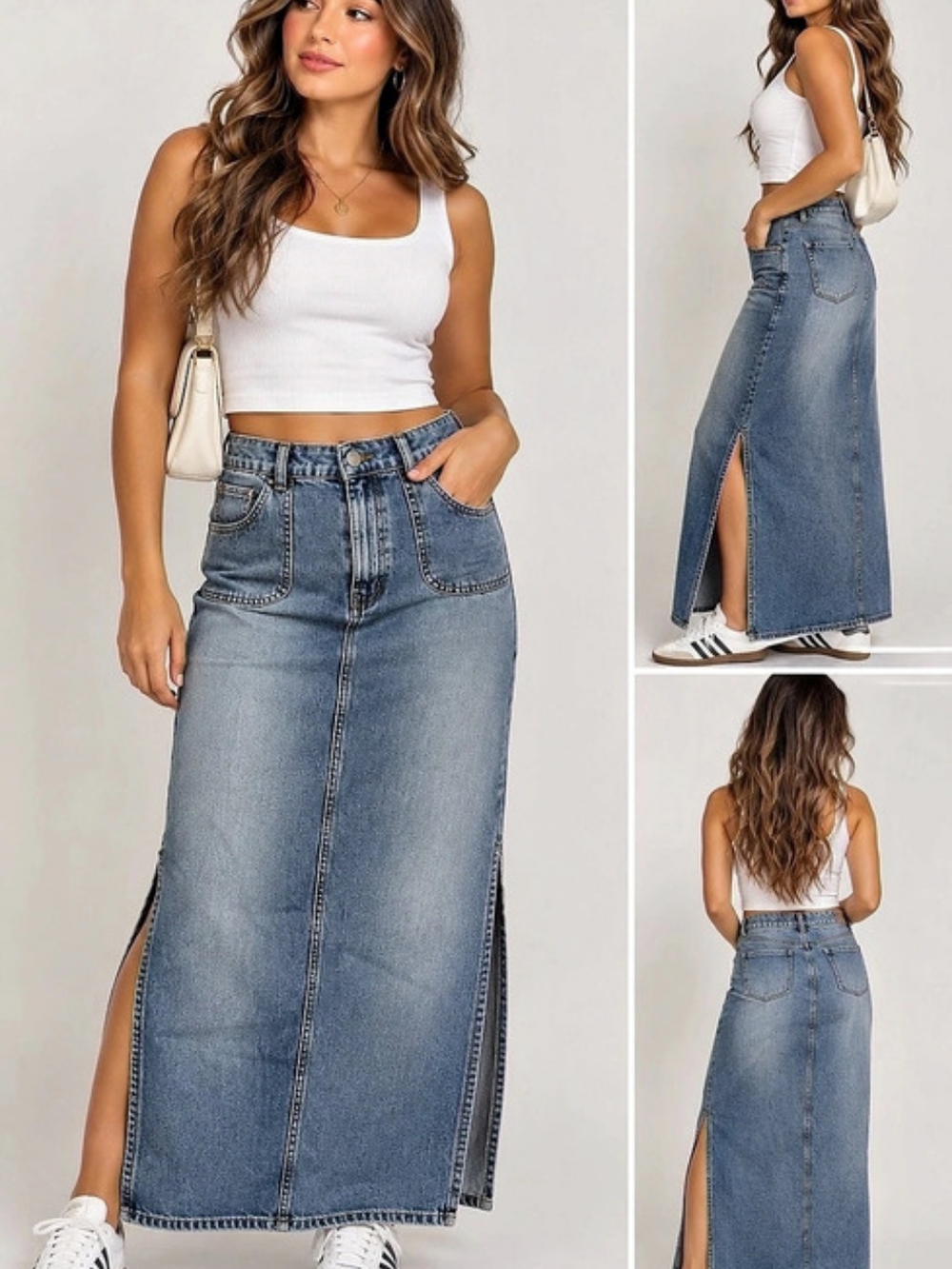 Vintage Paris Blues Denim Maxi Skirt Y2K 90s Side Slit Cargo Pockets 100% Cotton